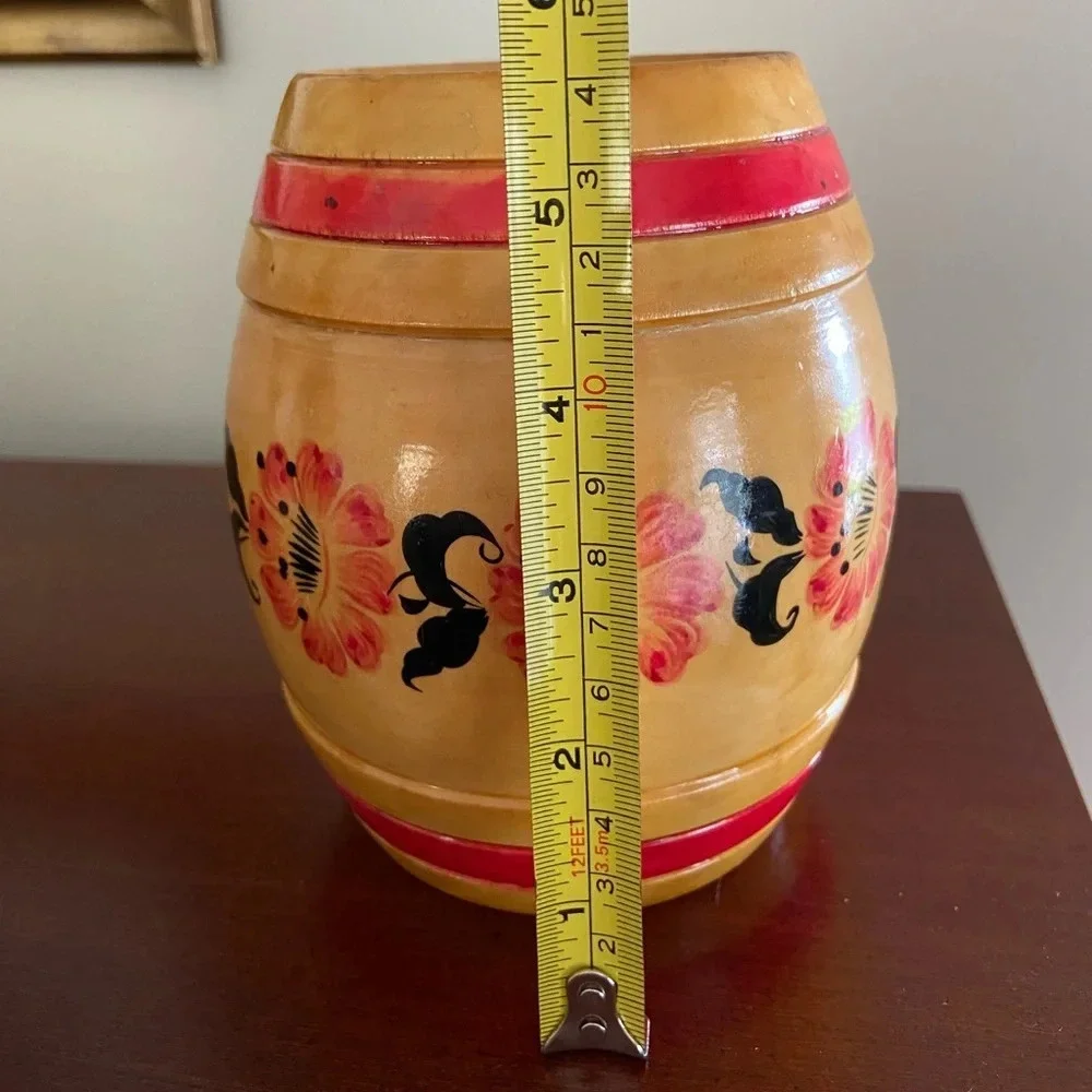 🖤 Vintage Hand Carved & Hand painted Floral Wooden BARREL CANISTER Bank USSR